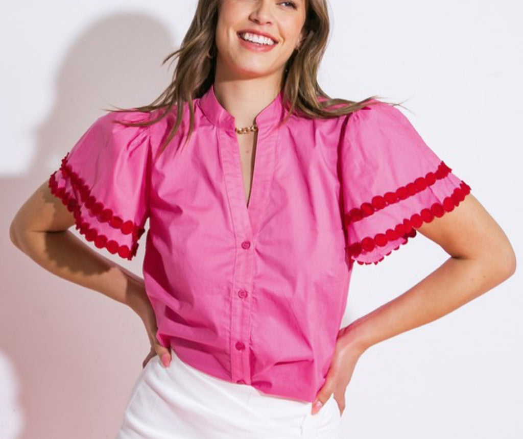 Pink china collar button down blouse w/ red trim