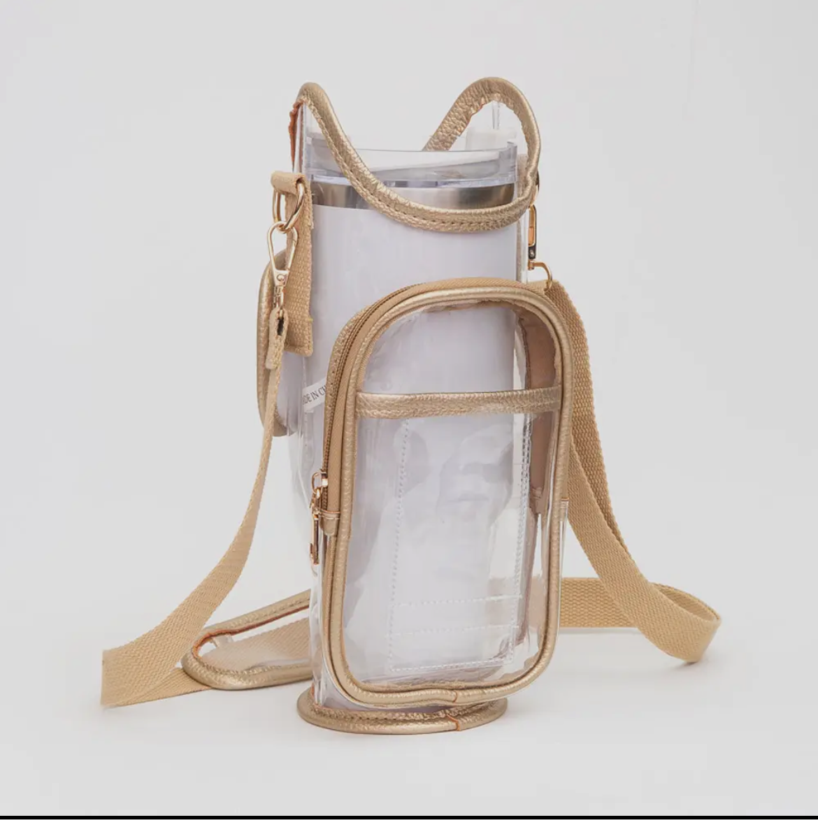 Transparent tumbler carrier w/phone pocket and cash/credit card slot- trimmed in gold
