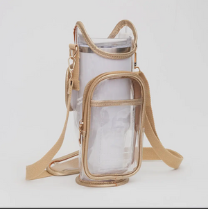 Transparent tumbler carrier w/phone pocket and cash/credit card slot- trimmed in gold