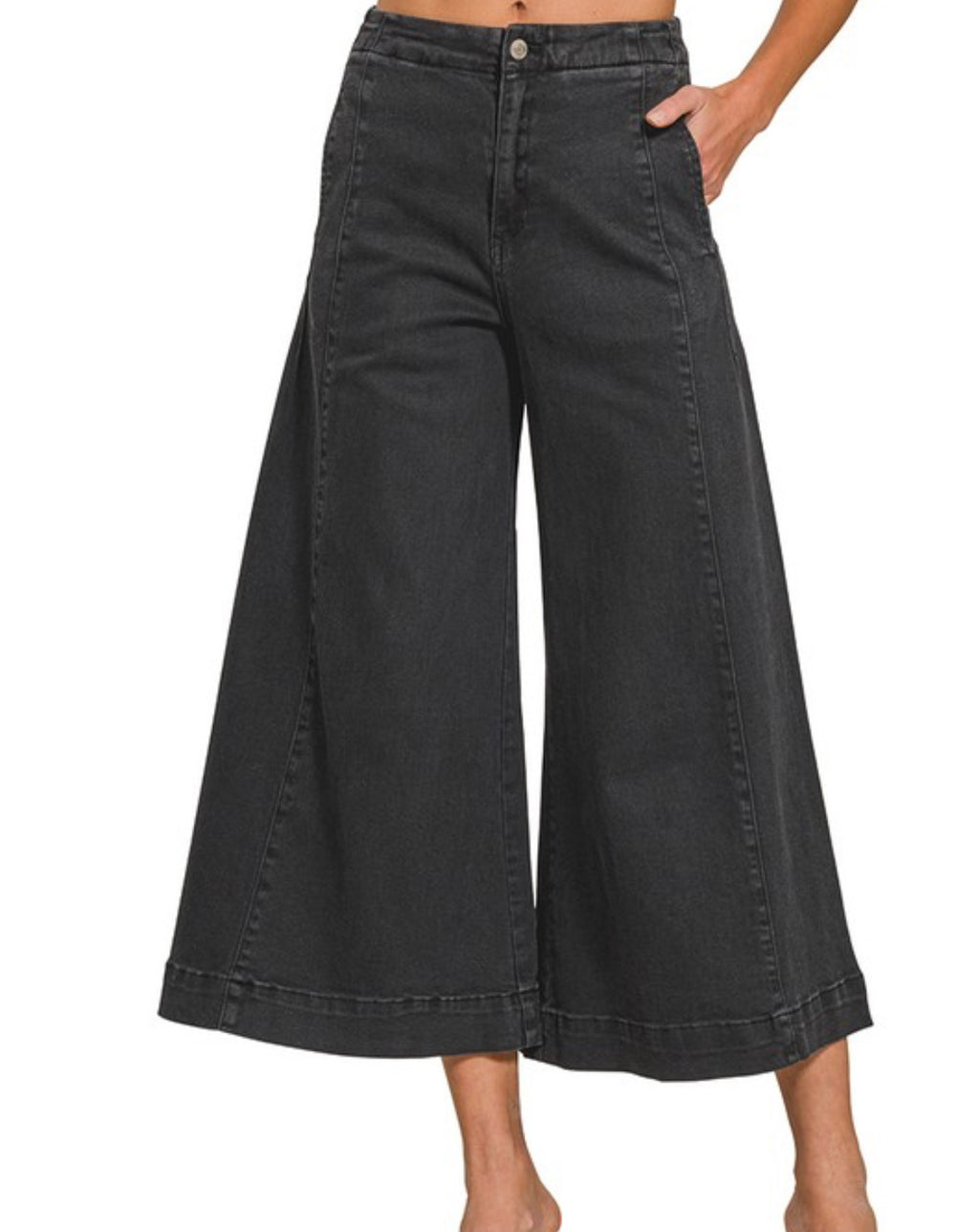 Black denim gaucho pants w/pockets