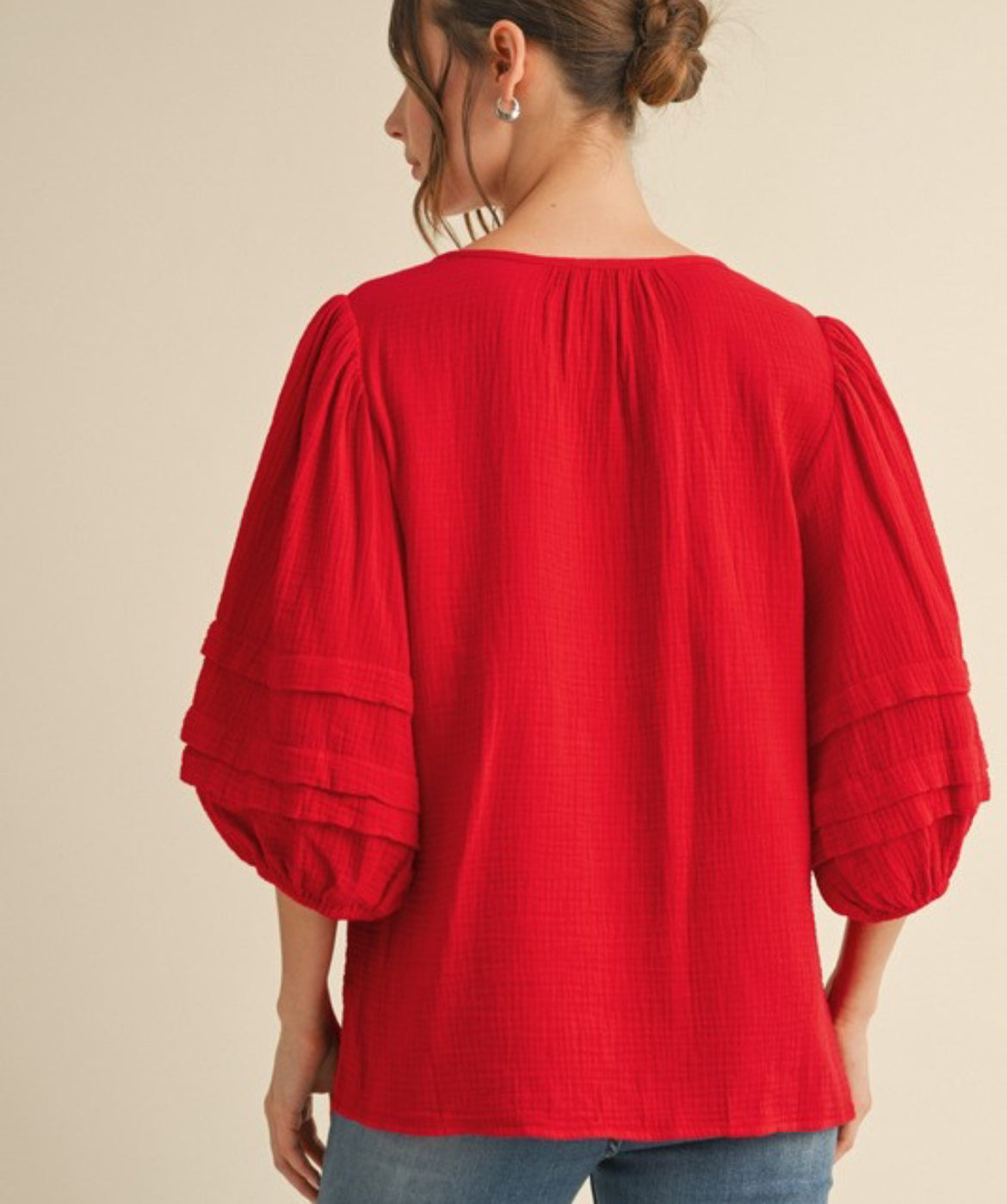 Red gauze 3/4 sleeve blouse