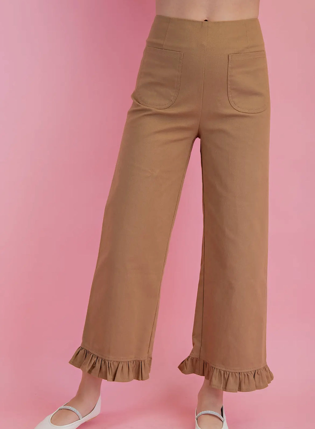 Tan, Collette ruffled pants w/elastic waistband zipper in back