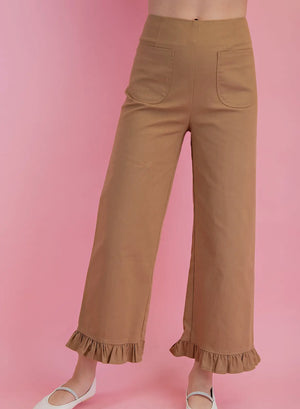 Tan, Collette ruffled pants w/elastic waistband zipper in back