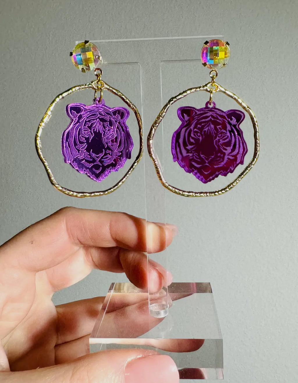 LL gold purple acrylic Tiger face earrings