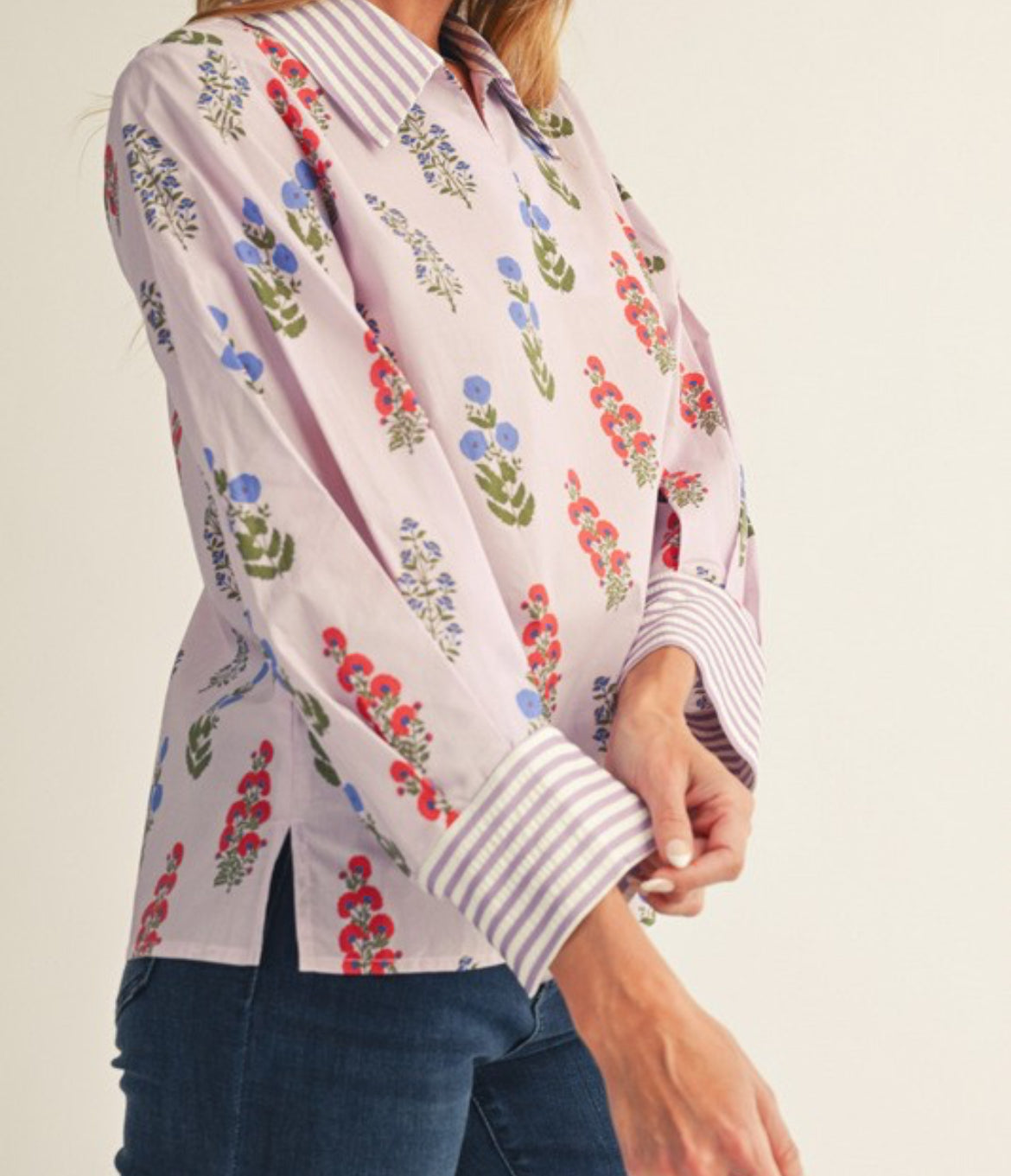 Lavender blouse with stripe contrast