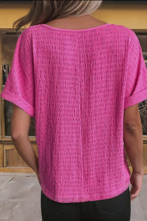 Pink vneck textured rolled top