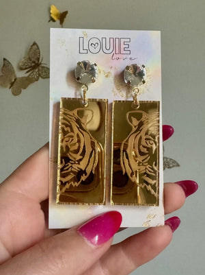 LL gold acrylic Tiger face gameday earrings