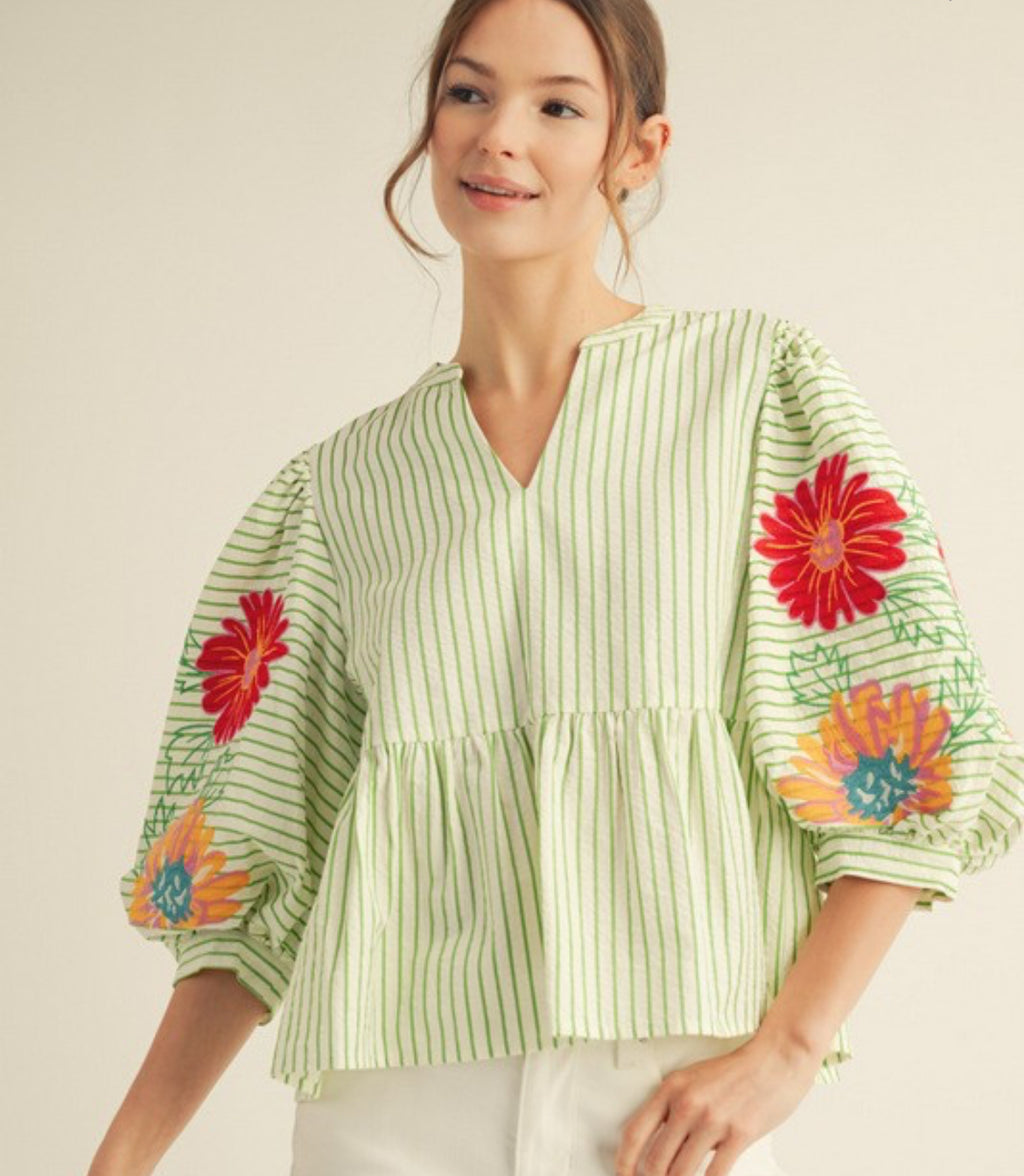 Green stripe embroidered top with 3/4 puff sleeves