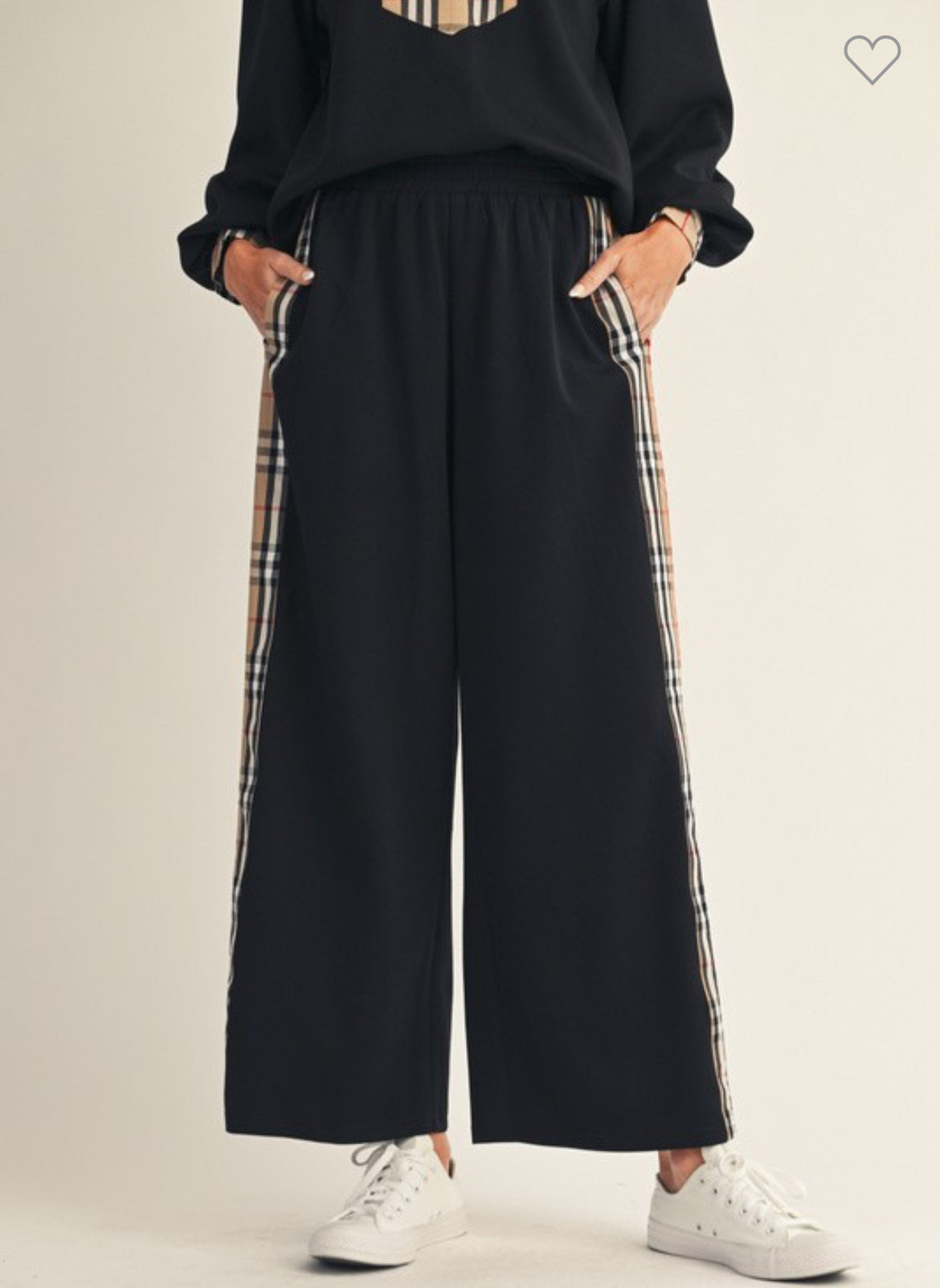 Black bottoms w/plaid contrast stripe down side