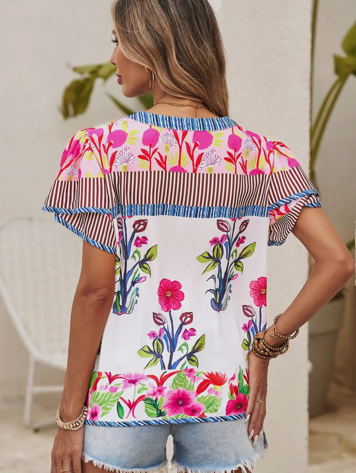 Blue stripe and multi floral blouse