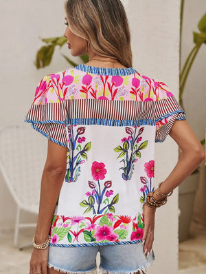 Blue stripe and multi floral blouse