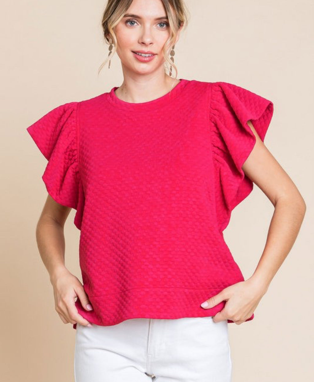 Cranberry knit textured top with ruffled sleeves