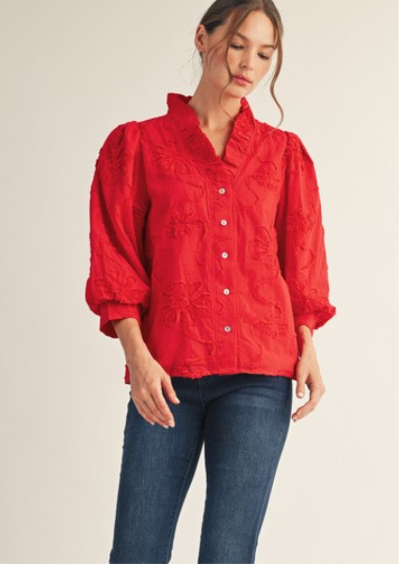 Tomato Red ruffle button down blouse, lined