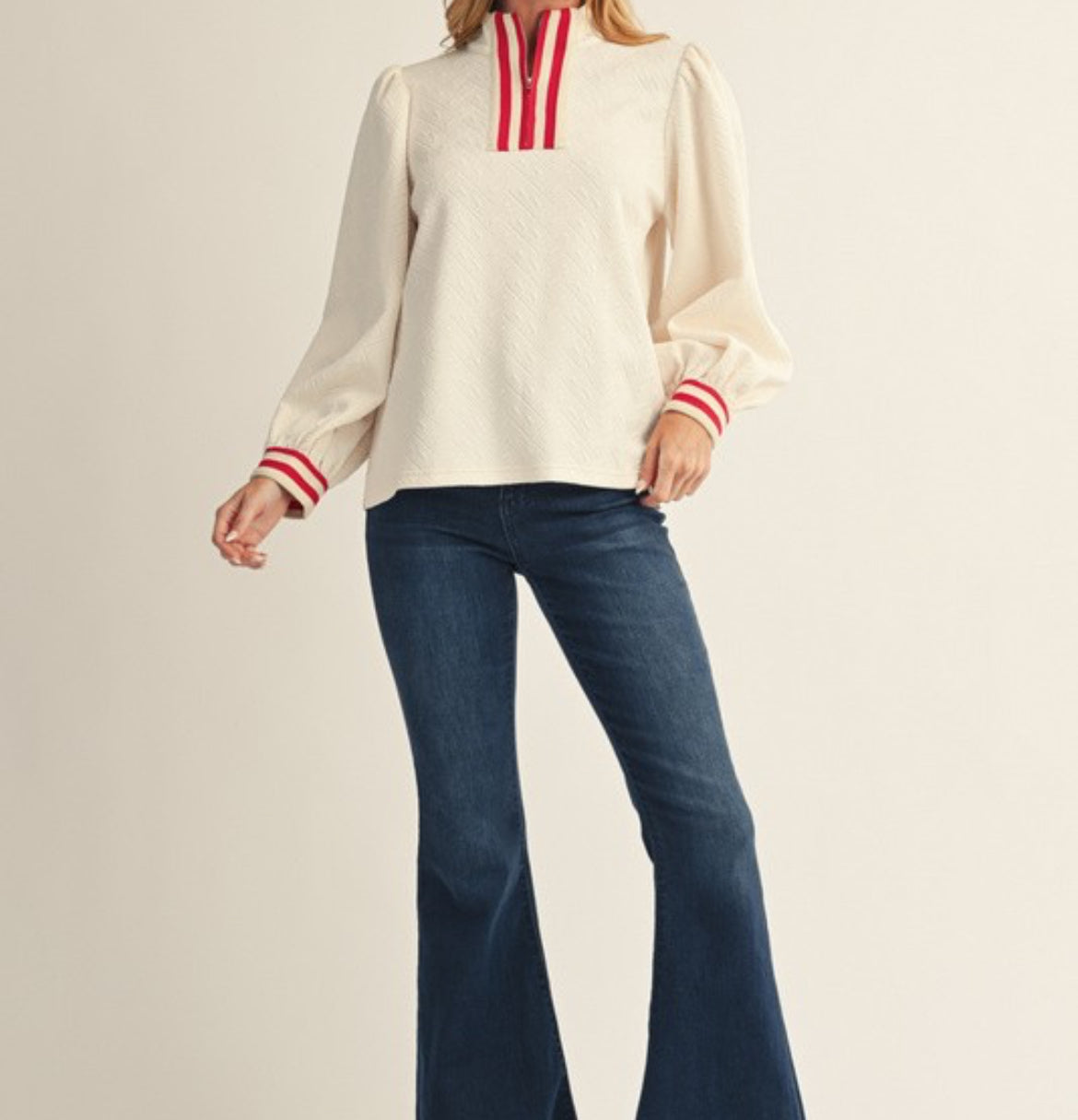 Beige zip up -trimmed in red pullover