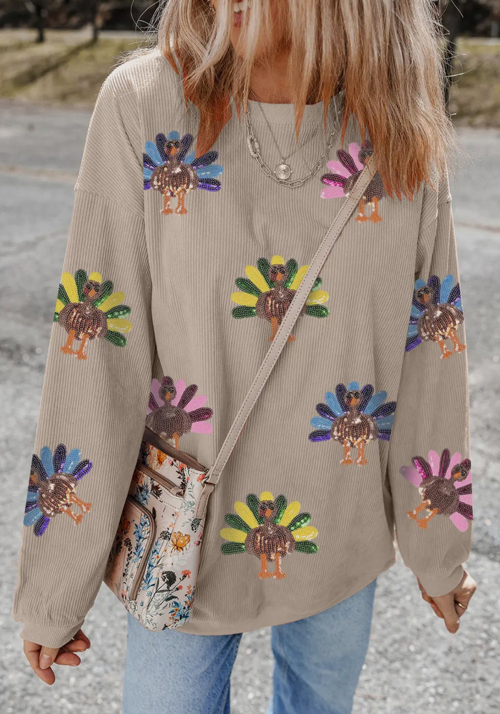Khaki turkey sequined velour sweatshirt