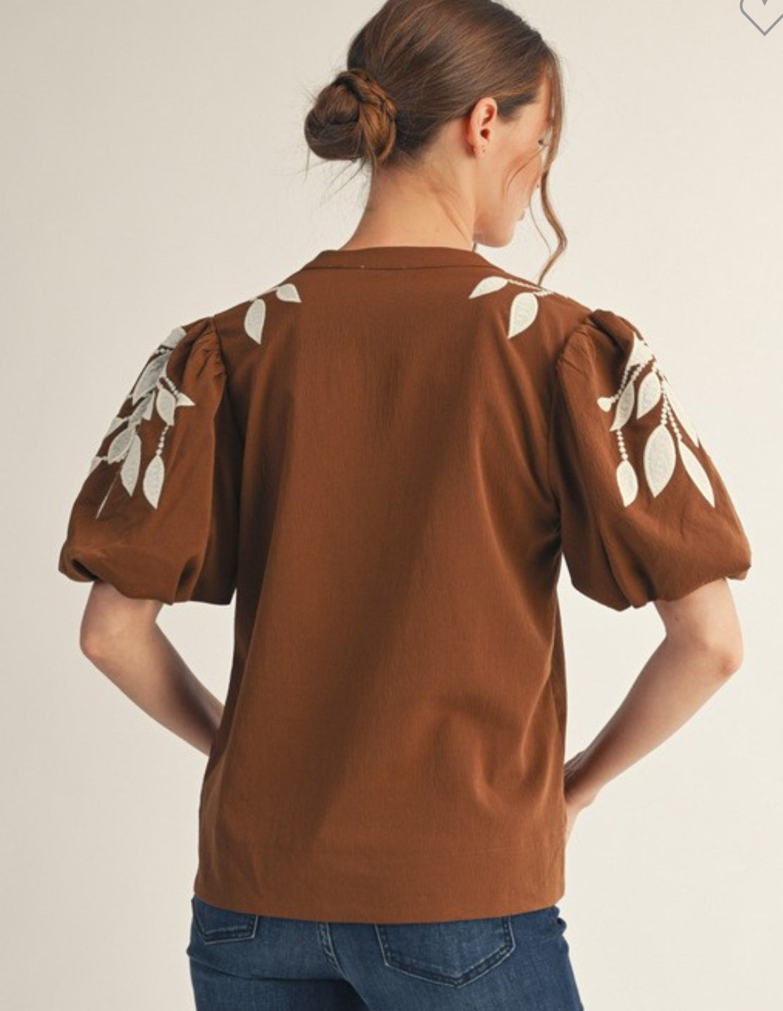 Brown puff sleeves split neck with embroidered leaves