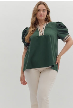 Forest Green  pullover trimmed with leopard, puff sleeves