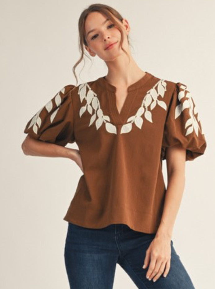 Brown puff sleeves split neck with embroidered leaves