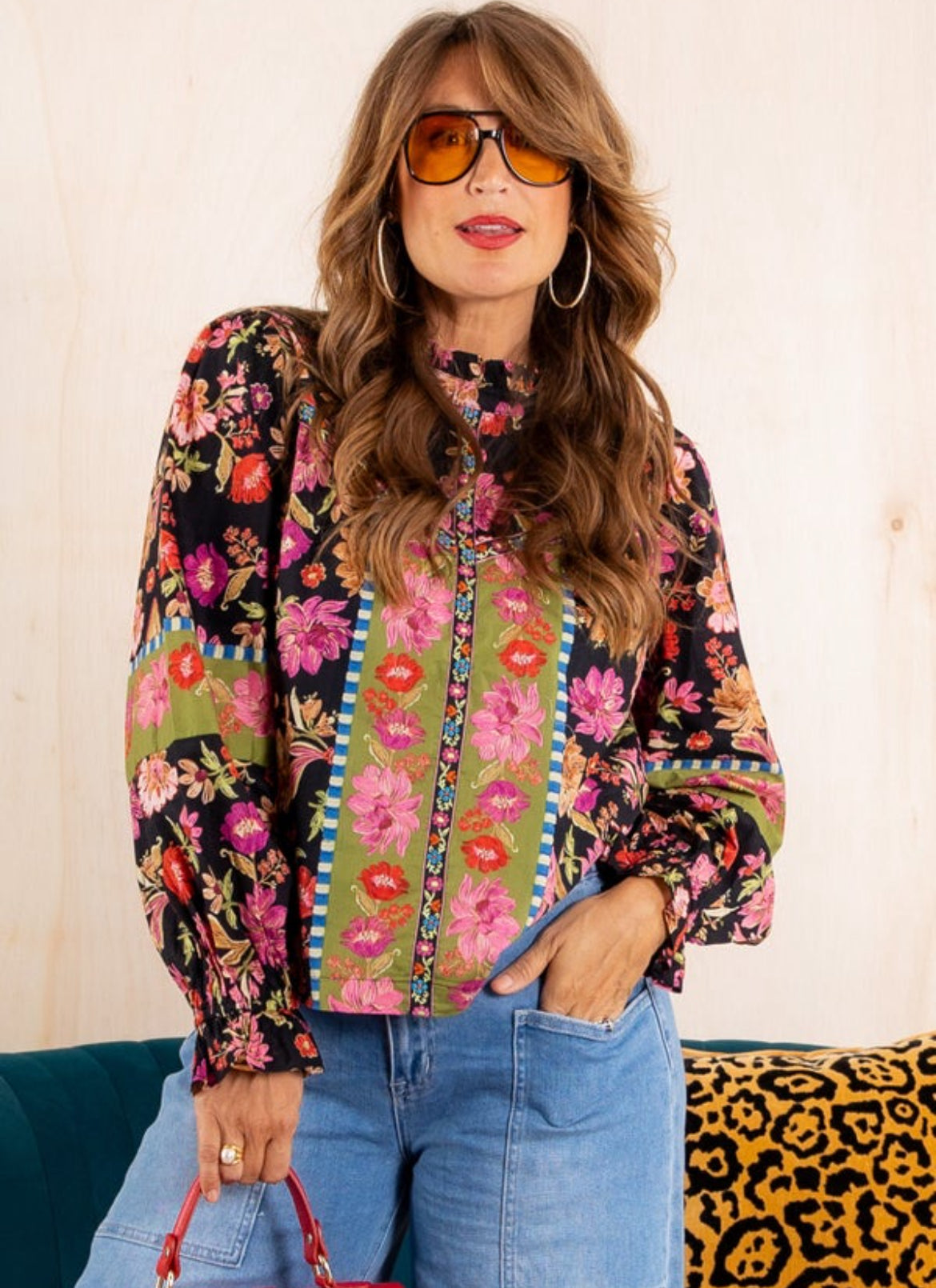 Black multi print with border trim