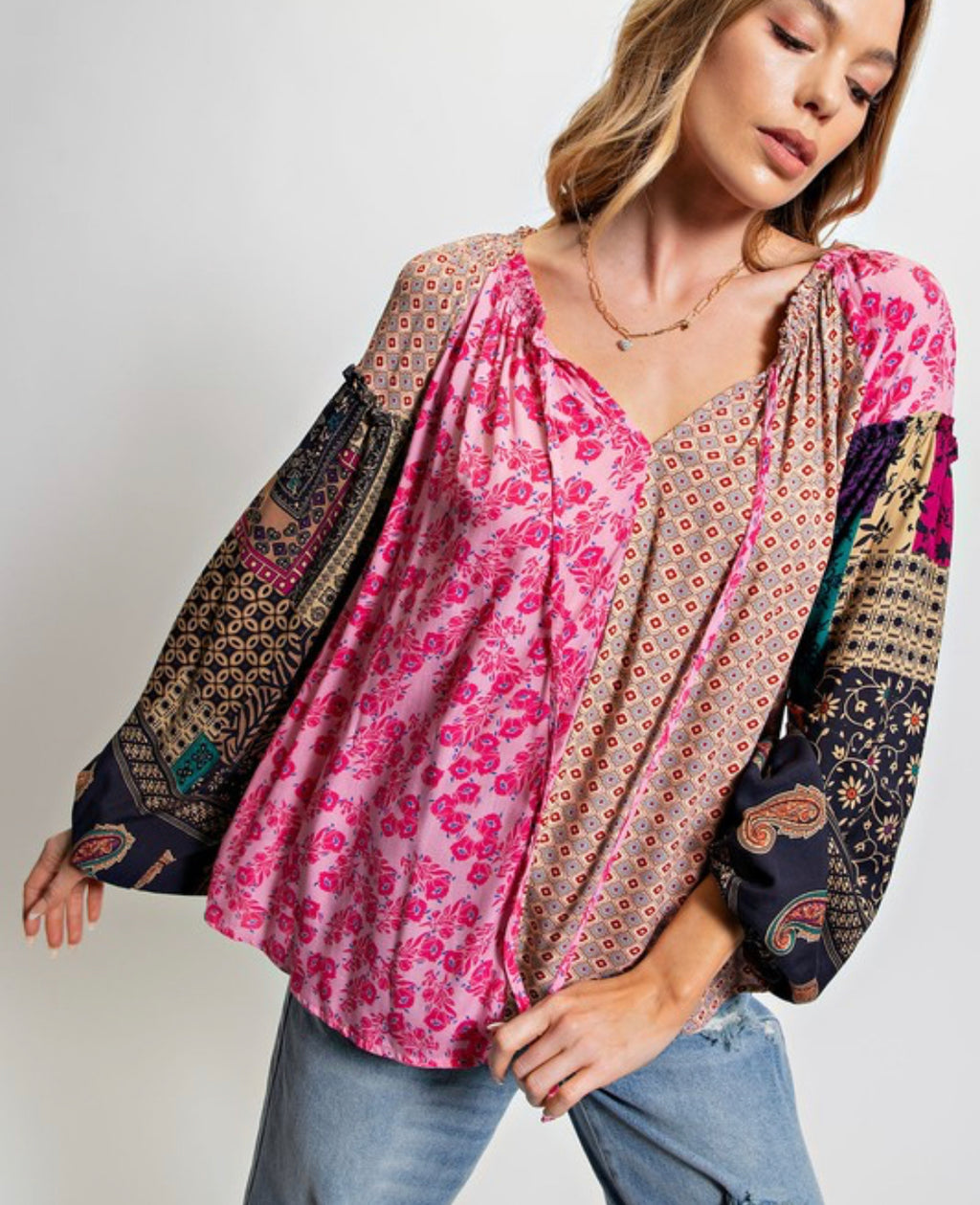 Boho pink peasant top