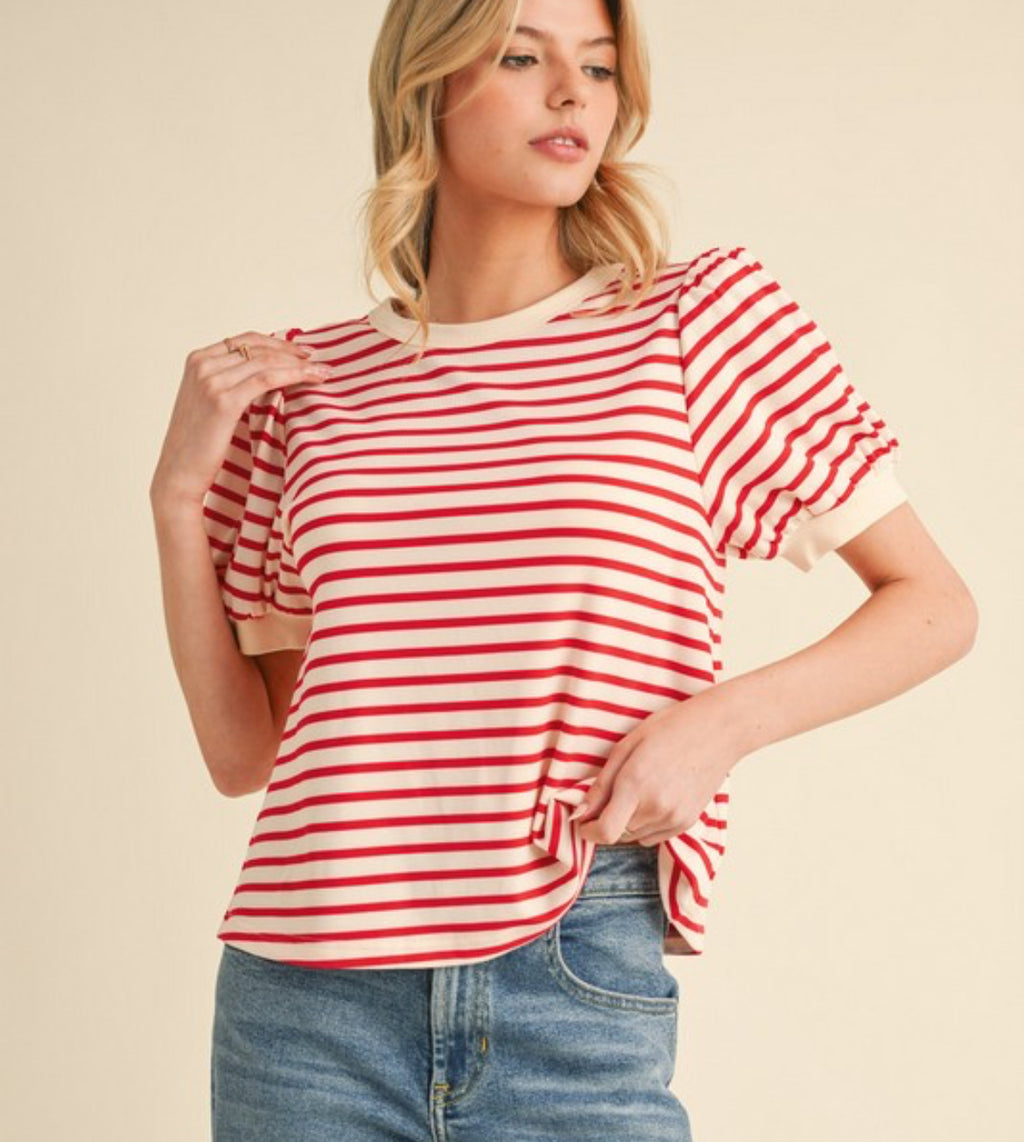 Red and beige stripe top with puff sleeves