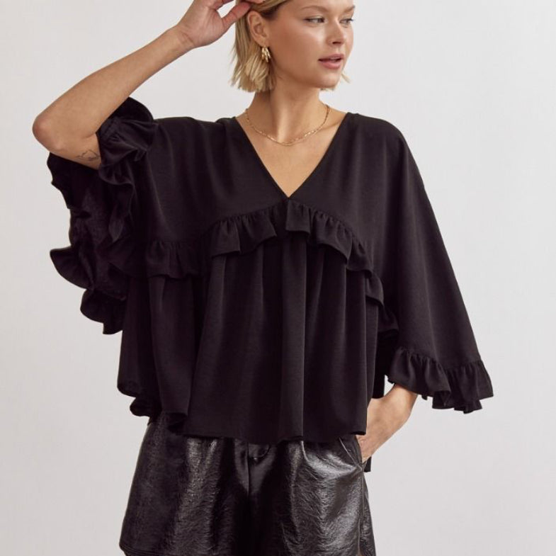 Black 3/4 sleeve blouse with ruffle detail