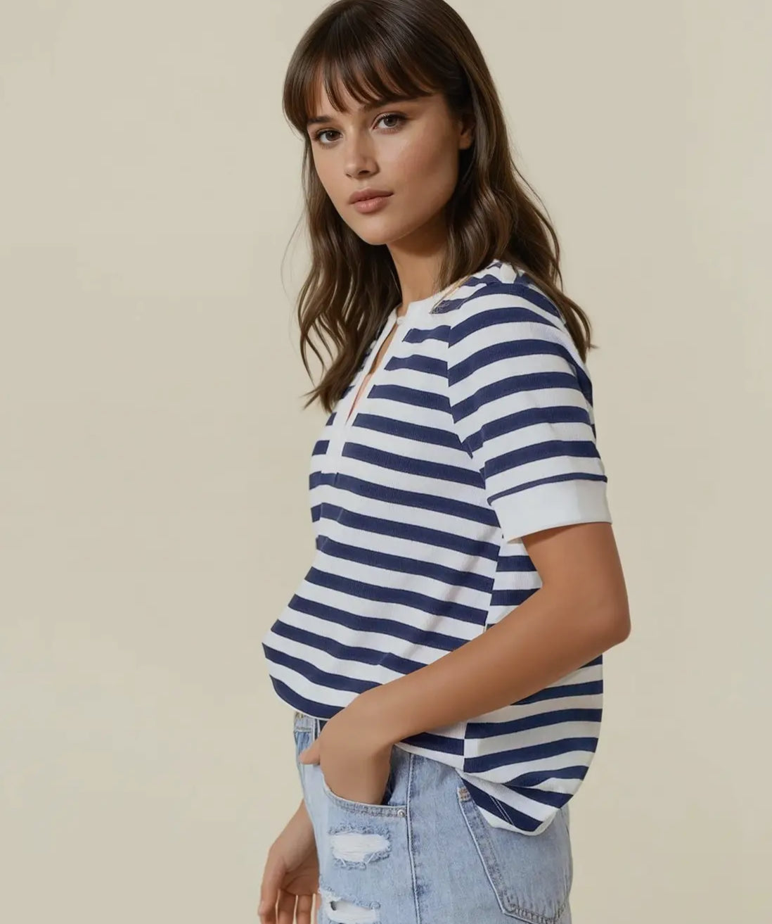Navy and white striped vneck knit top