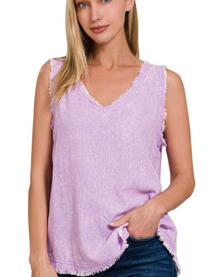 Washed linen frayed top - Kelly green or lavender