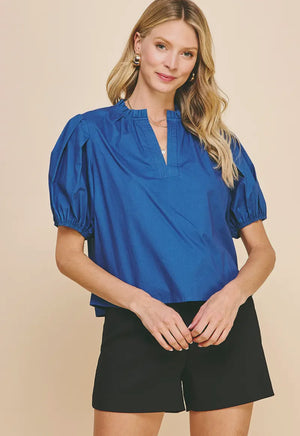 Indigo v-neck woven top