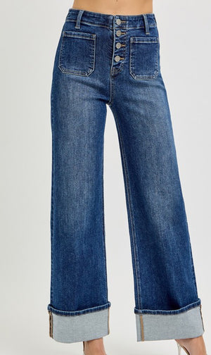 High rise, button down denim jeans with front patch pocket wide ankle cuffed