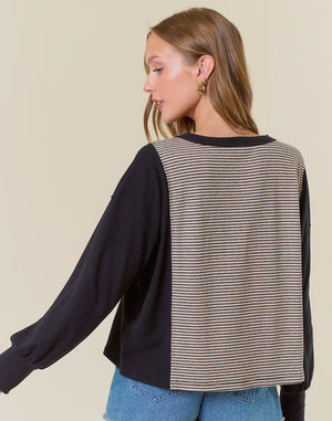 Black round crewneck stripe oversized top w/raw edge detail