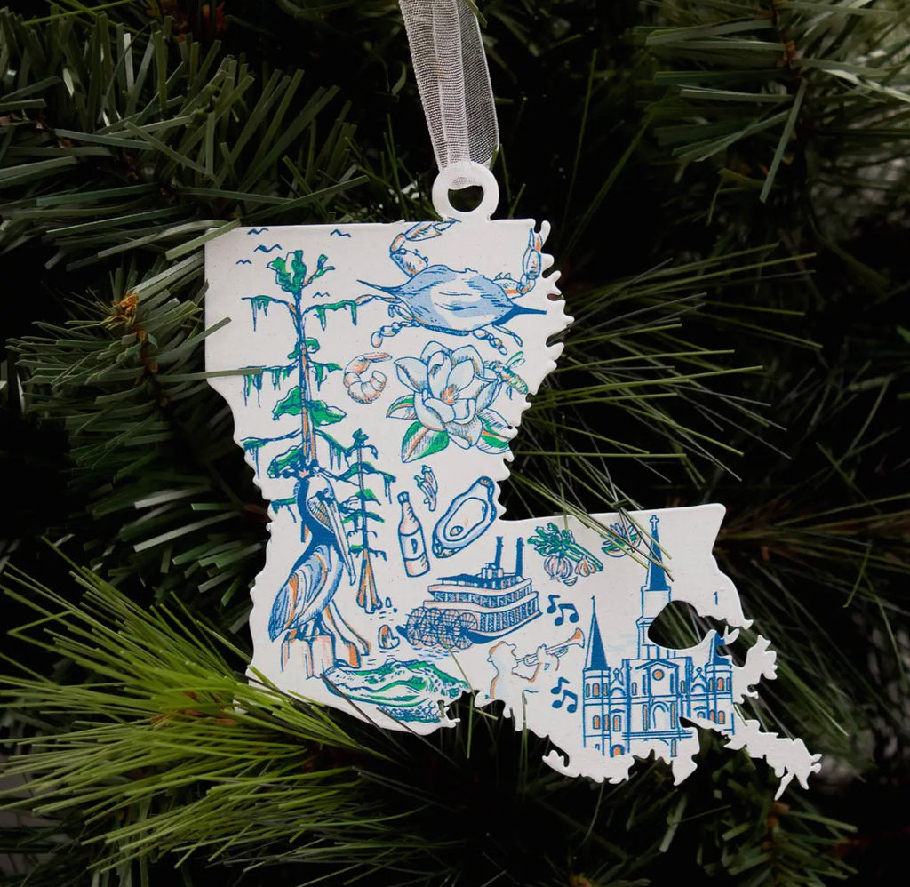 Louisiana Galvanized ornament- all the Louisiana symbols, pelican, riverboat, cypress, crab