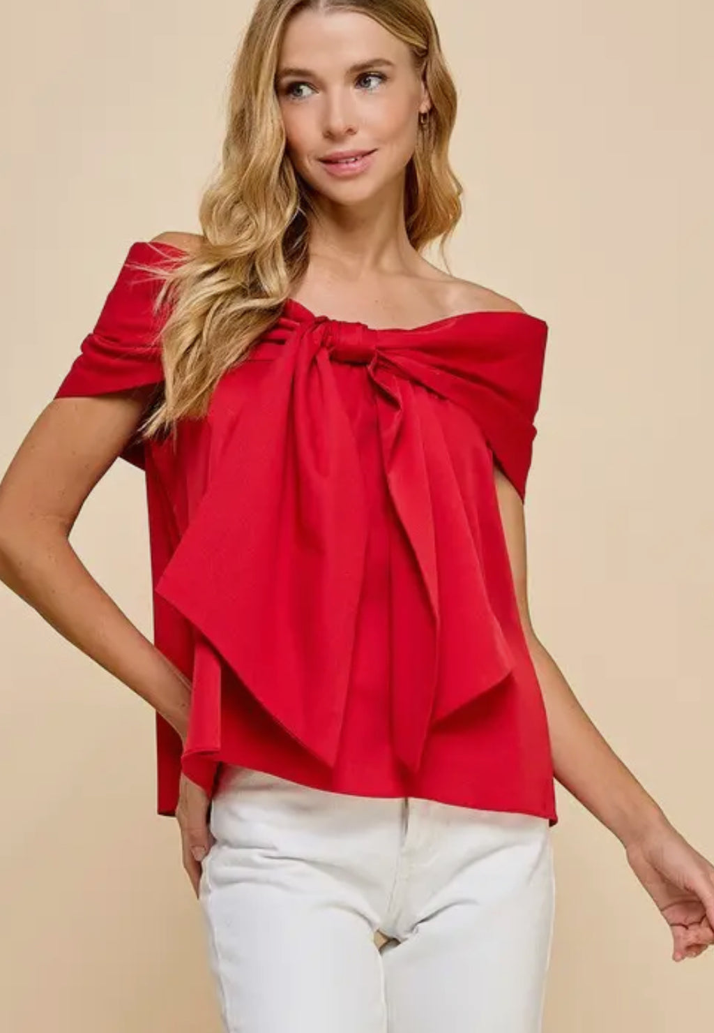 Red bow off the shoulder top, lined