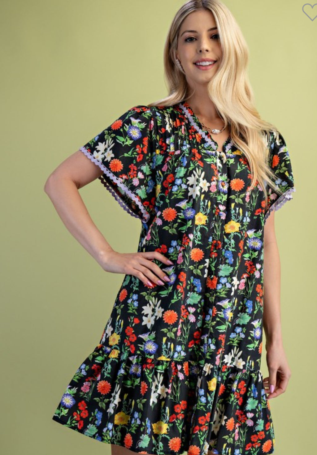 Black floral dress trimmed in lilac ric rac(lined)