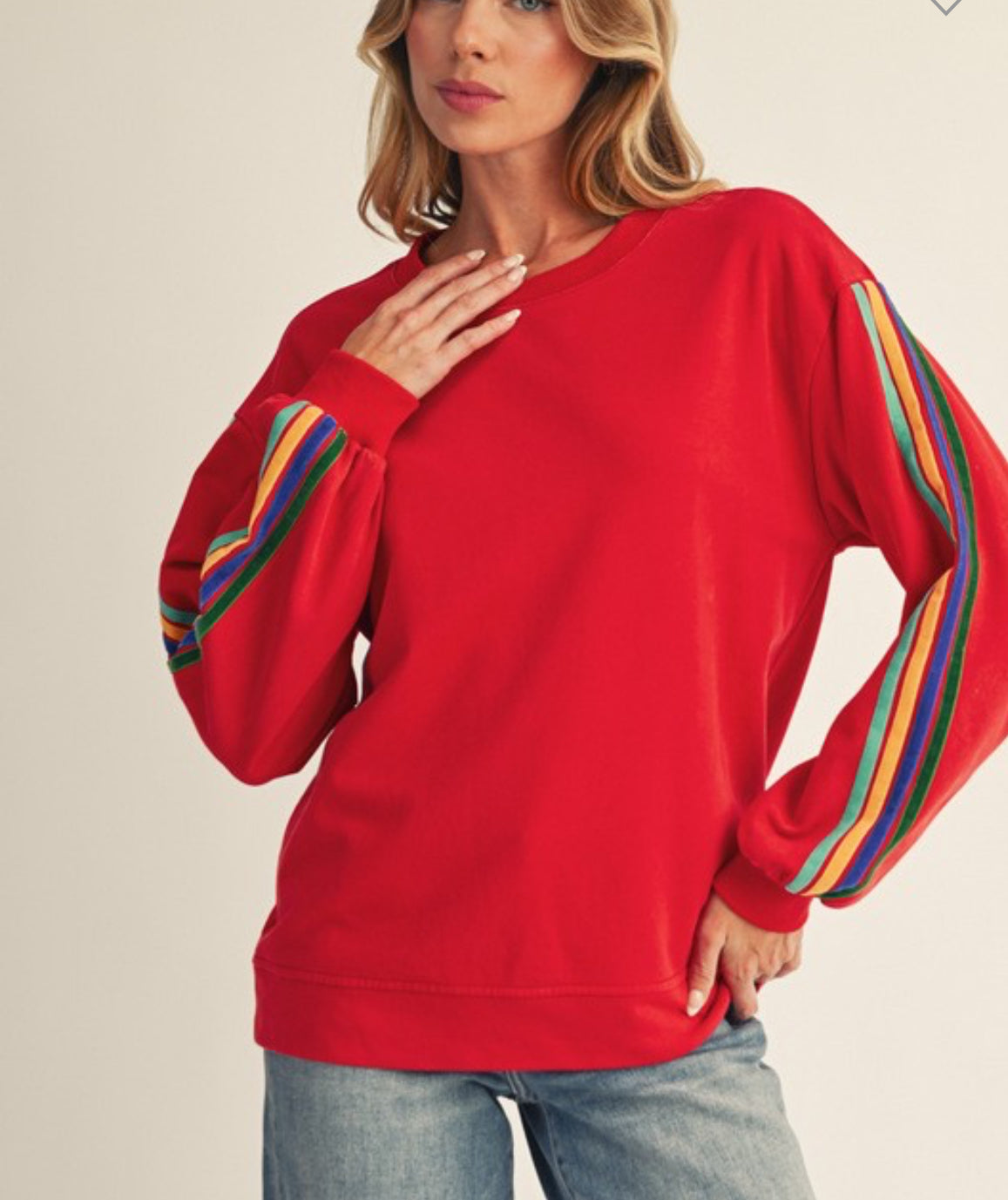 Red pullover w/velvet accent tape on the sleeve