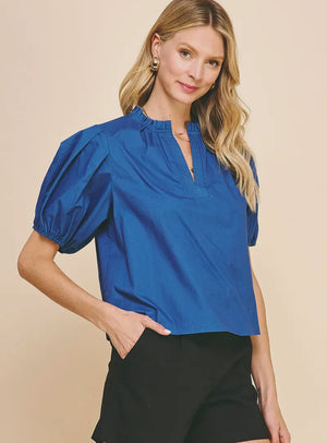 Indigo v-neck woven top