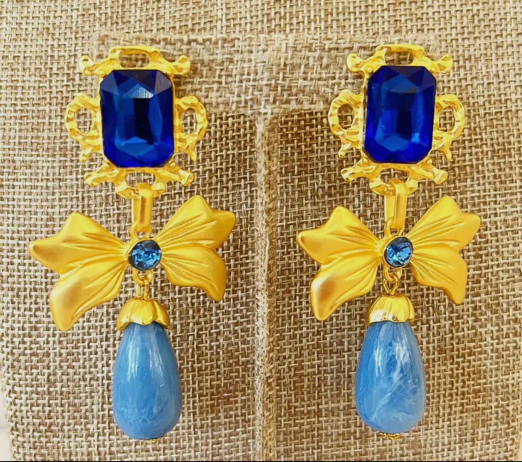 BC Blue rhinestone bow earrings