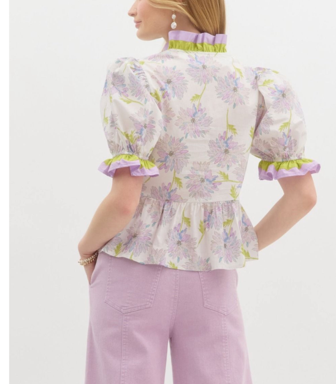 Lime/lavendar blouse with ruffle accent