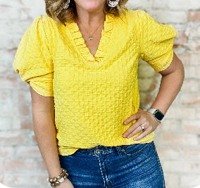 Yellow ruffle v-neck twisted short sleeve top