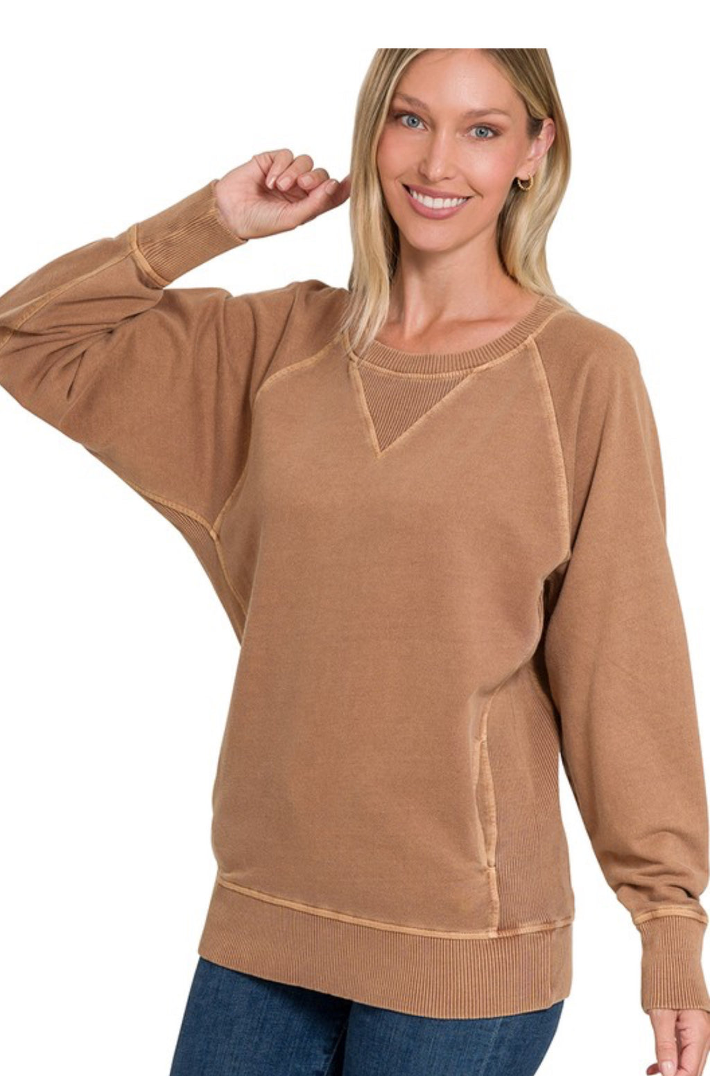 Camel French terry sweatshirt with pockets