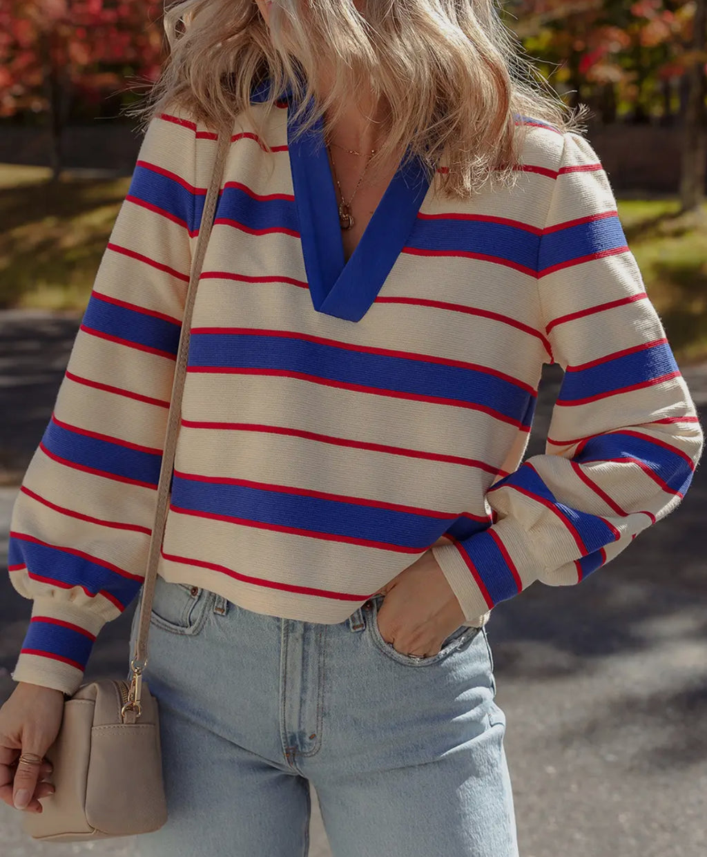 Blue/red stripe vneck pullover