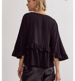 Black 3/4 sleeve blouse with ruffle detail