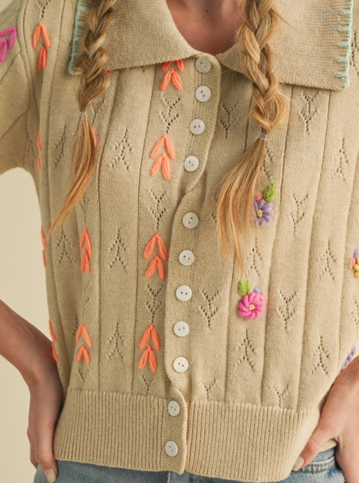 Beige knit embroidery sweater , chenille soft