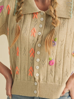 Beige knit embroidery sweater , chenille soft