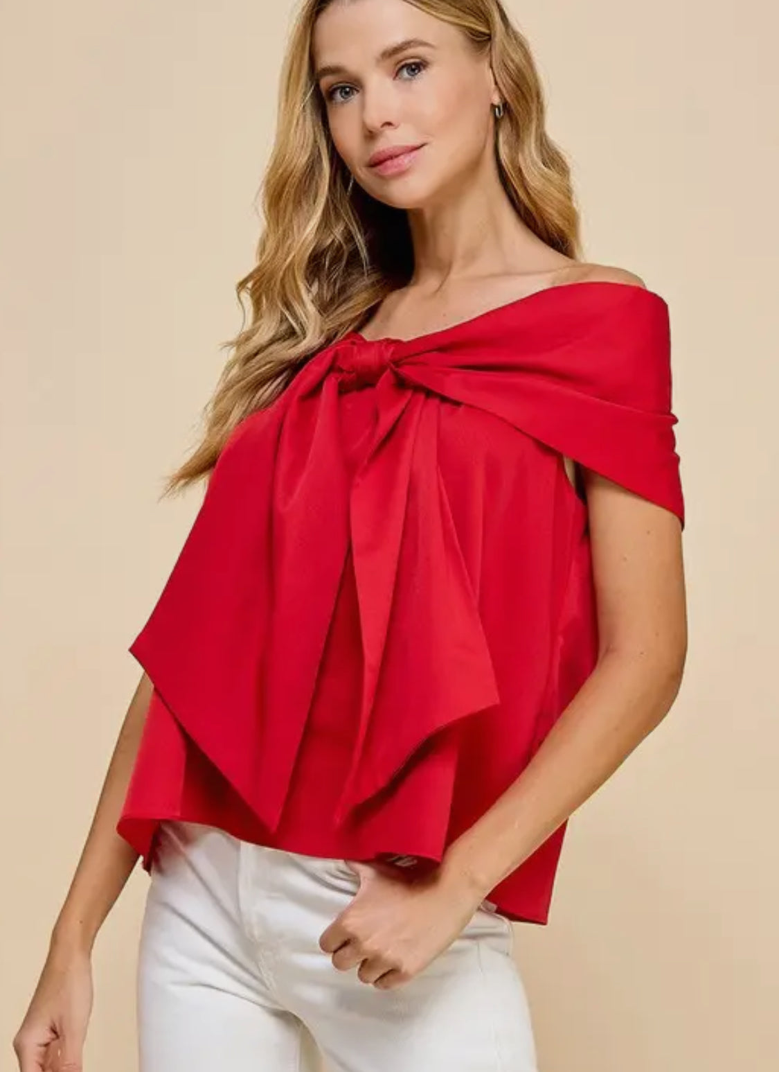 Red bow off the shoulder top, lined