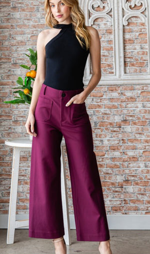 Wine stretch pants with front pockets -cropped length