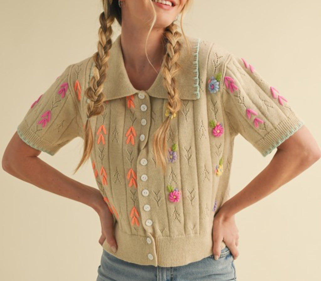 Beige knit embroidery sweater , chenille soft