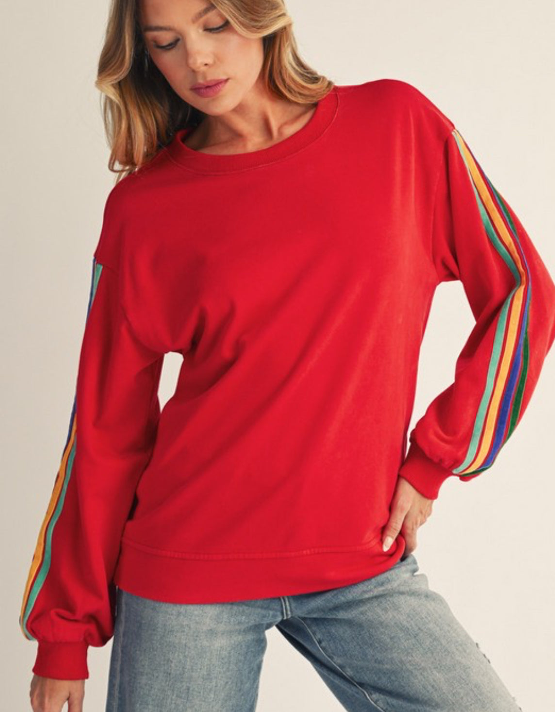 Red pullover w/velvet accent tape on the sleeve