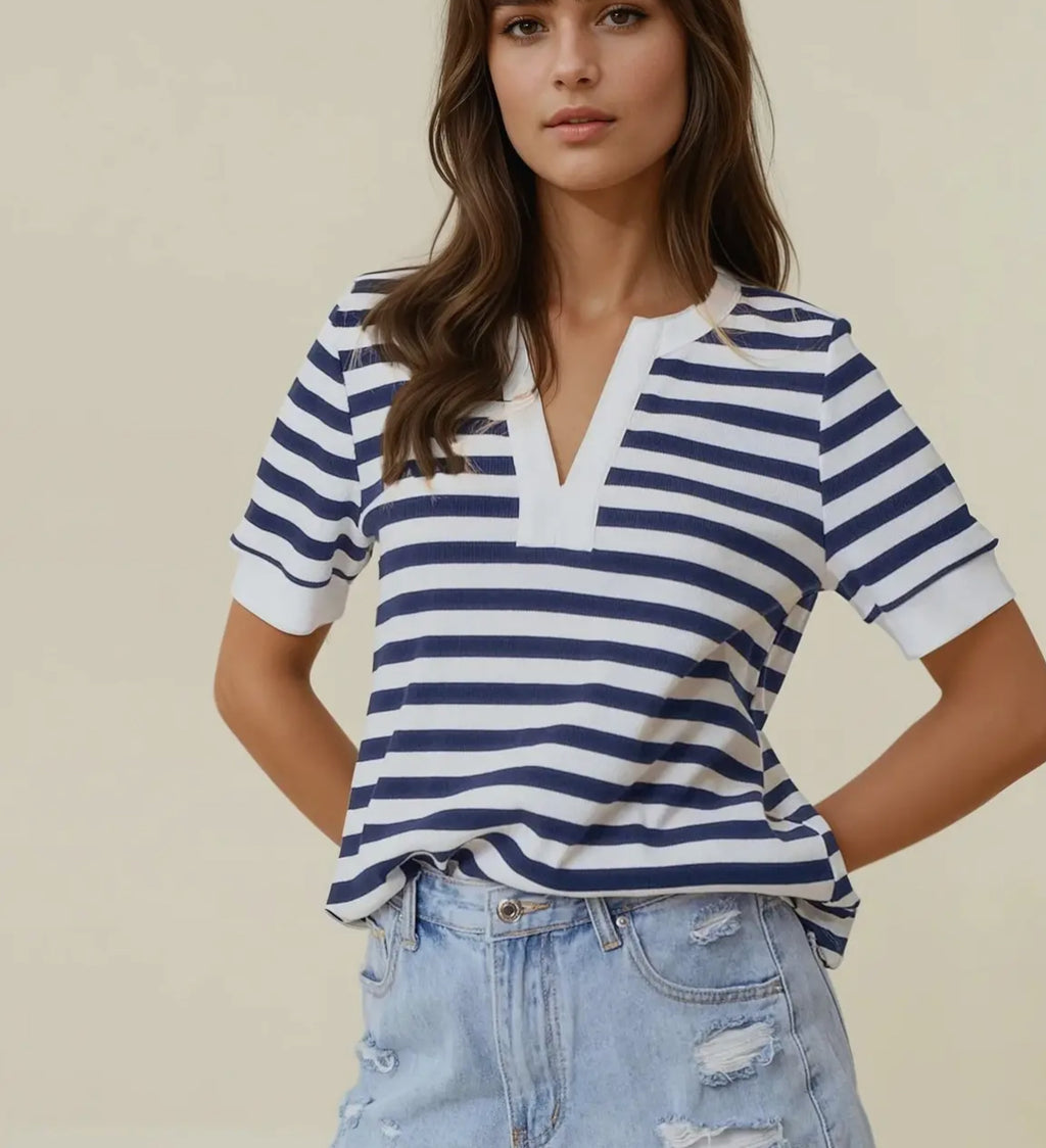 Navy and white striped vneck knit top
