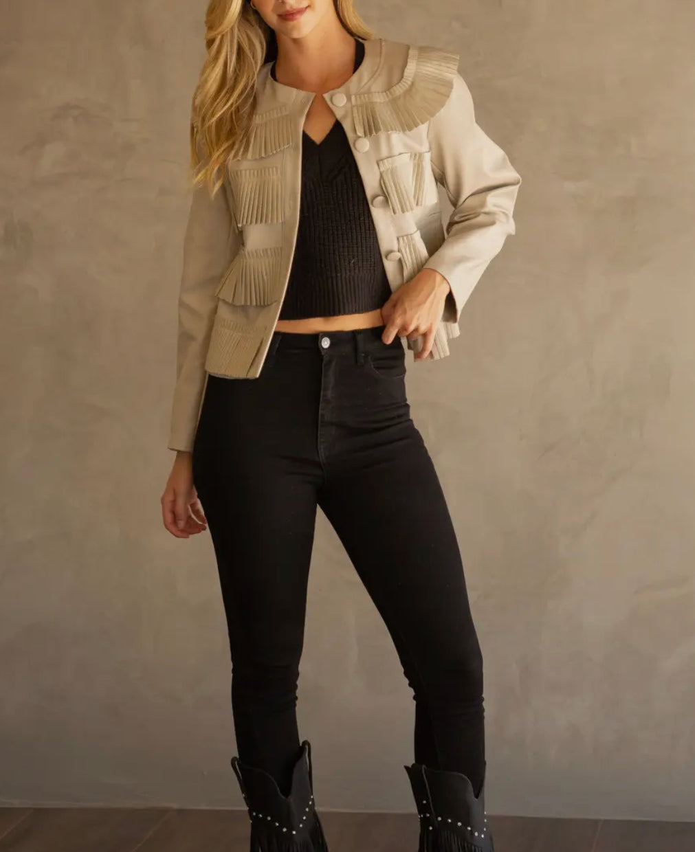 Taupe faux leather pleated jacket